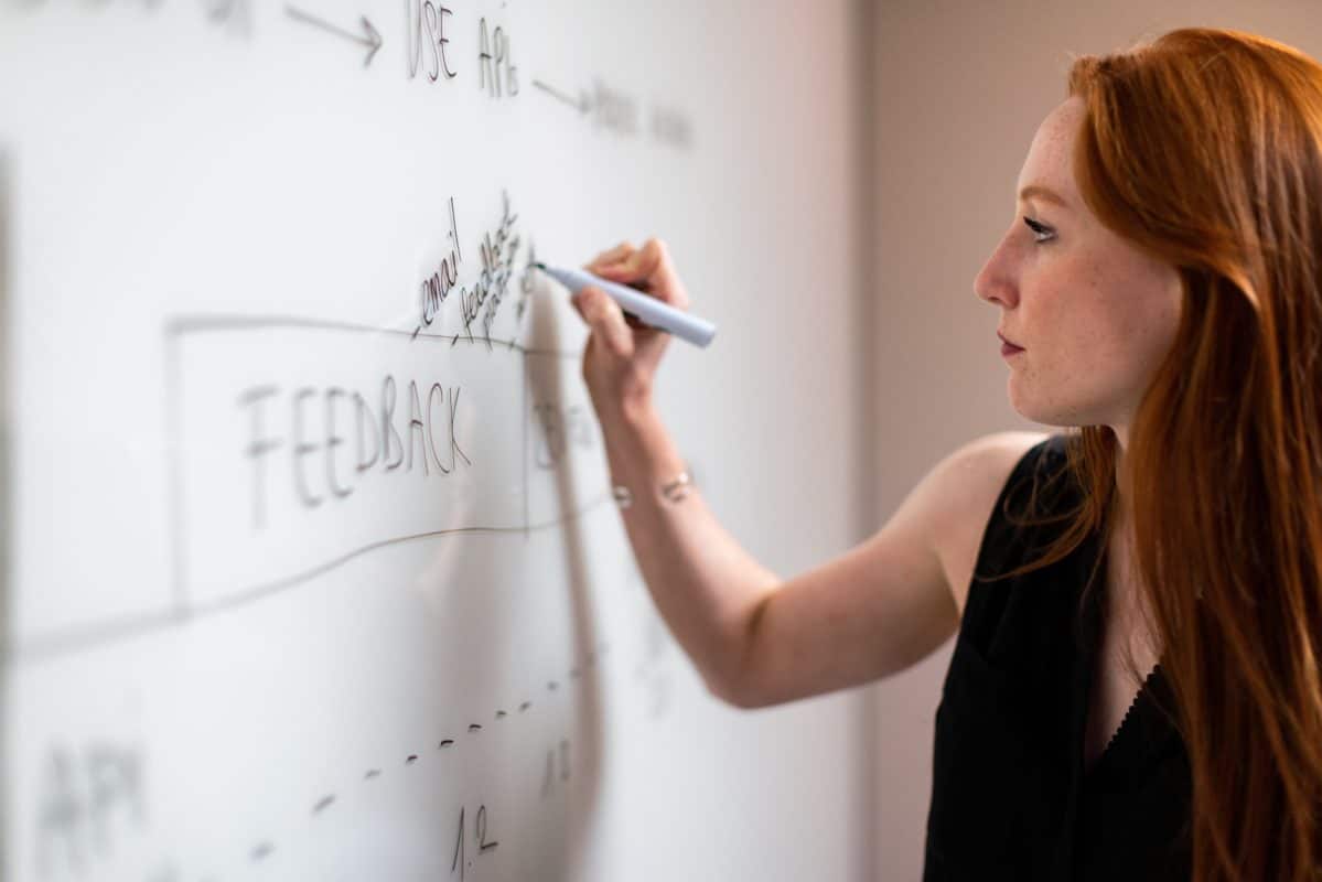 Eine Frau steht vor einem Whiteboard und macht mit einem Marker Notizen